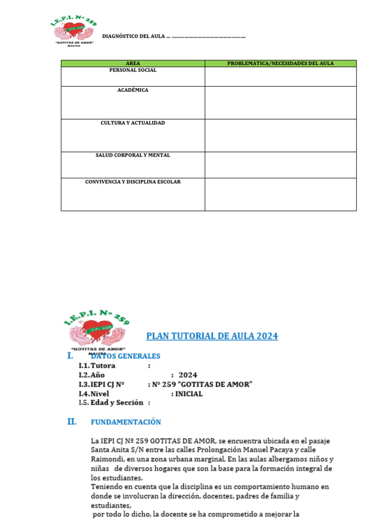 Plan de Tutoria de Aula 2024 | PDF | Salón de clases