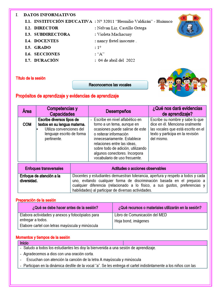 Sesión de Aprendizaje: Vocal "A" 1° Grado | PDF | Aprendizaje | Caso de ...