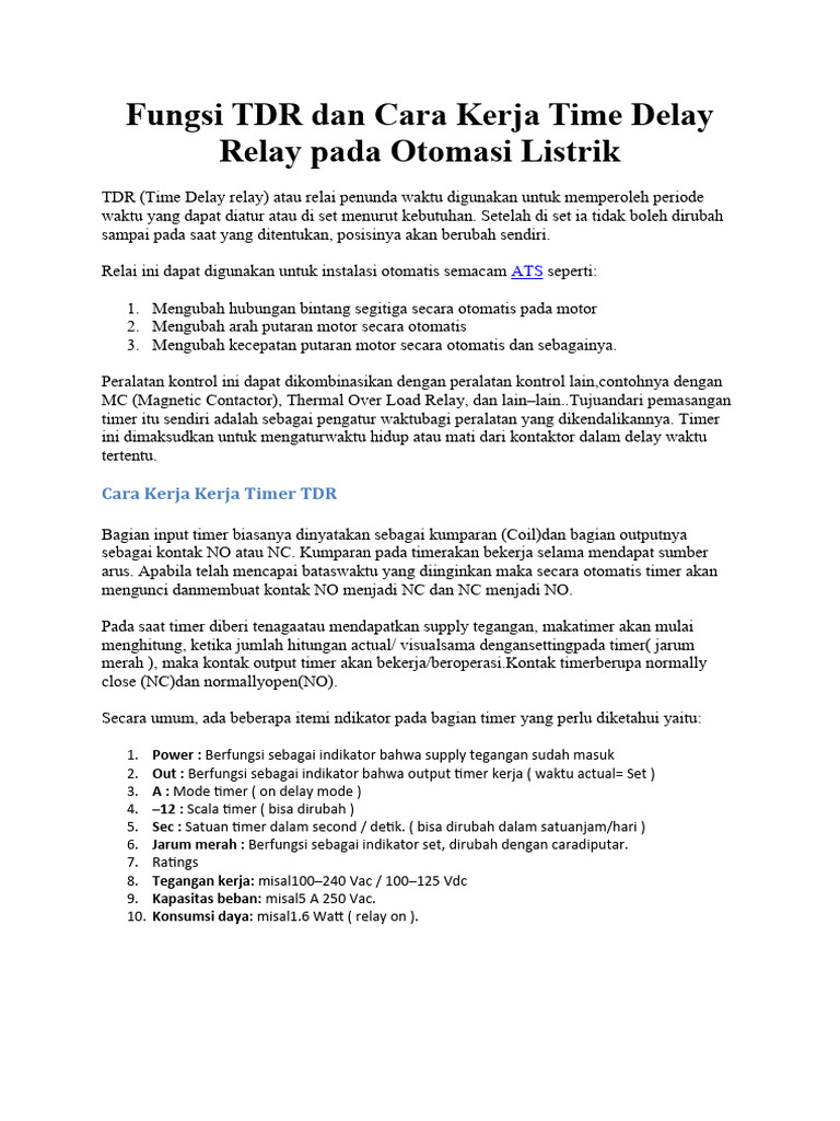 Fungsi TDR dan Cara Kerja Time Delay Relay pada Otomasi Listrik PDF