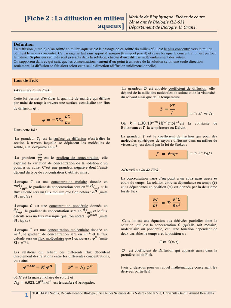 Diffusion et lois de Fick en biologie PDF La diffusion Sciences — free download