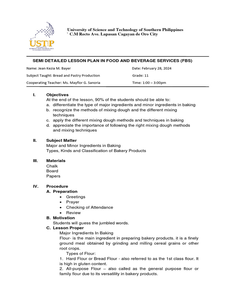 Grade 11 Bread and Pastry Lesson Plan | PDF | Flour | Breads