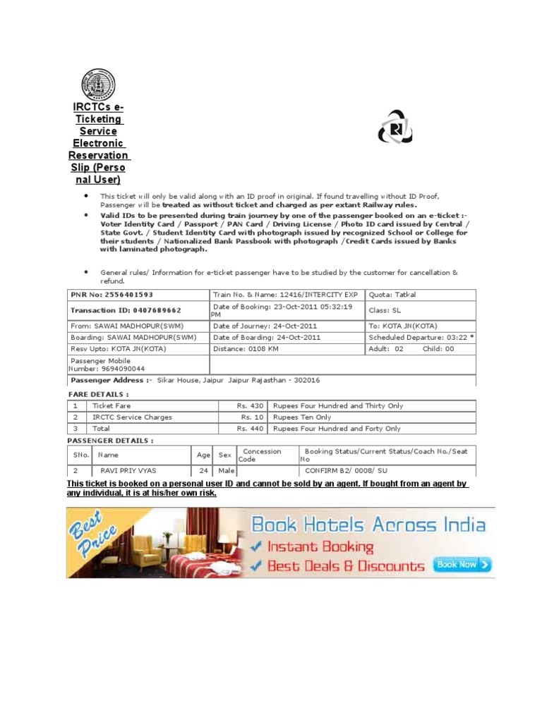 Irctc E Ticketing Guidelines And Details Pdf