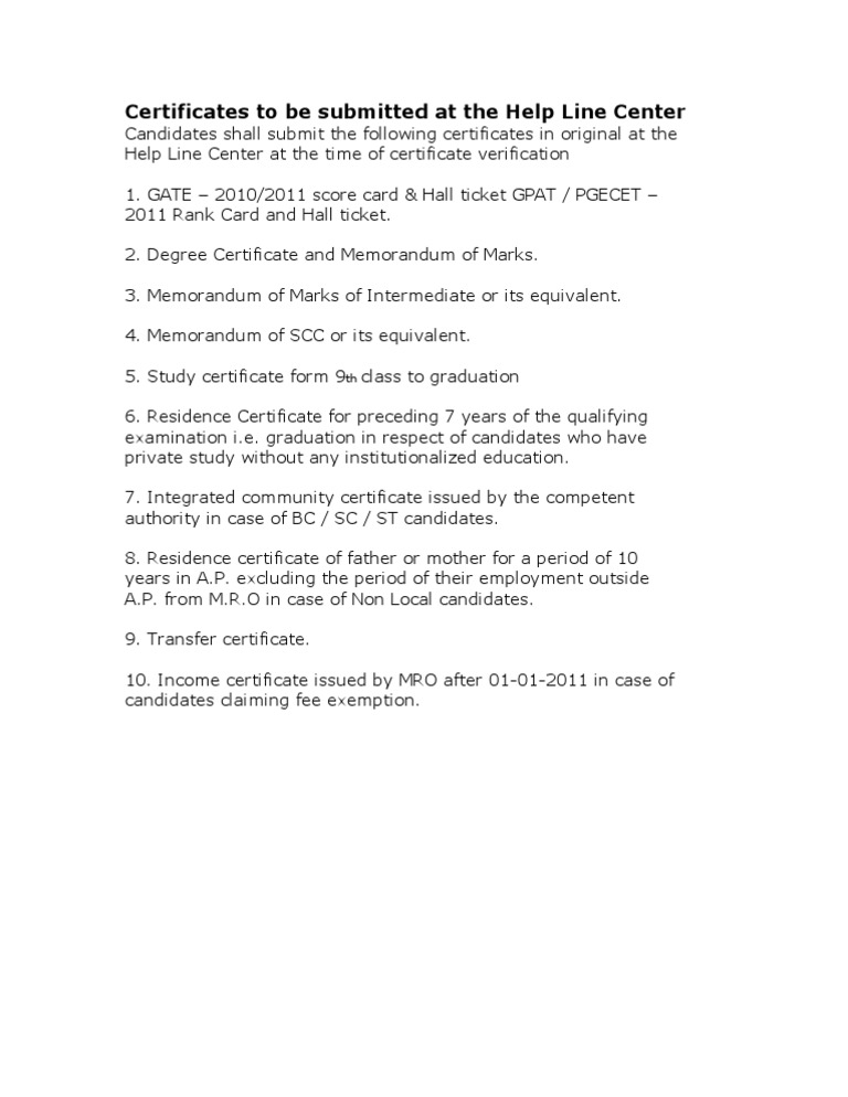 Required Certificates for Help Line Verification | PDF