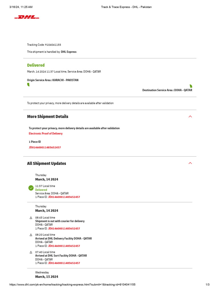 DHL Express Shipment Tracking Pakistan | PDF | Dubai | Qatar