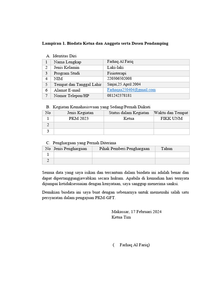 Biodata Tim PKM RSH 2024 | PDF
