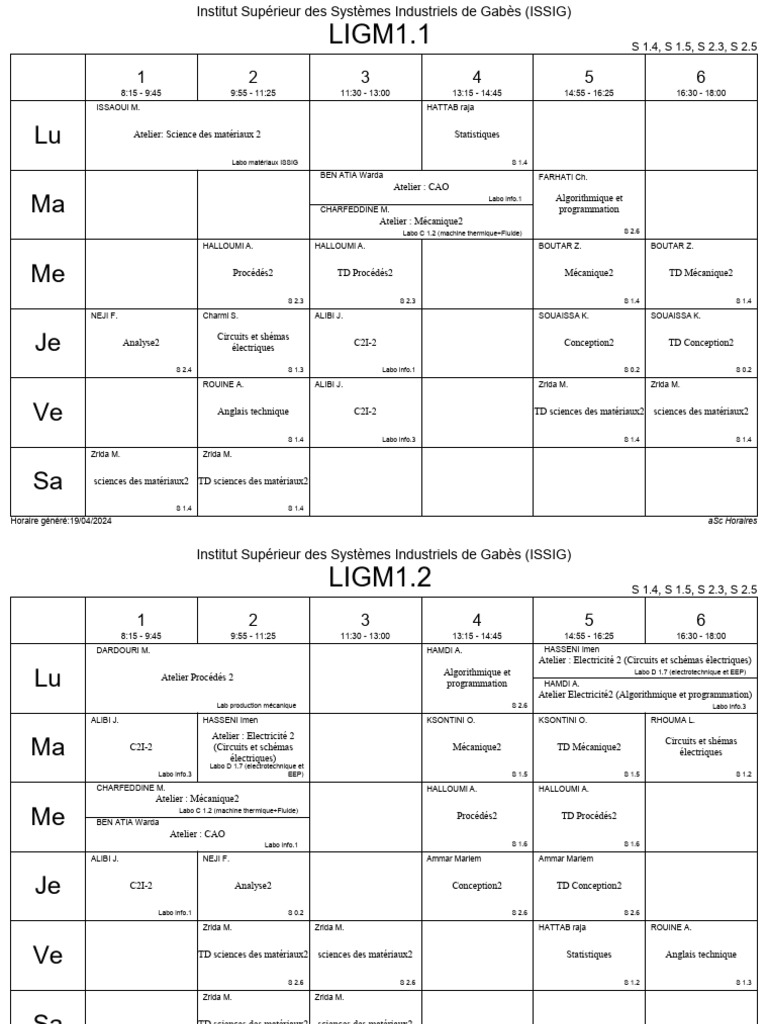 Horaire des Cours à ISSIG 2024 | PDF | Ingénierie | Physique appliquée ...