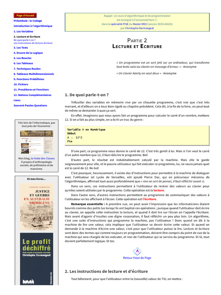 Lecture et Écriture en Algorithmique | PDF | Programme informatique ...