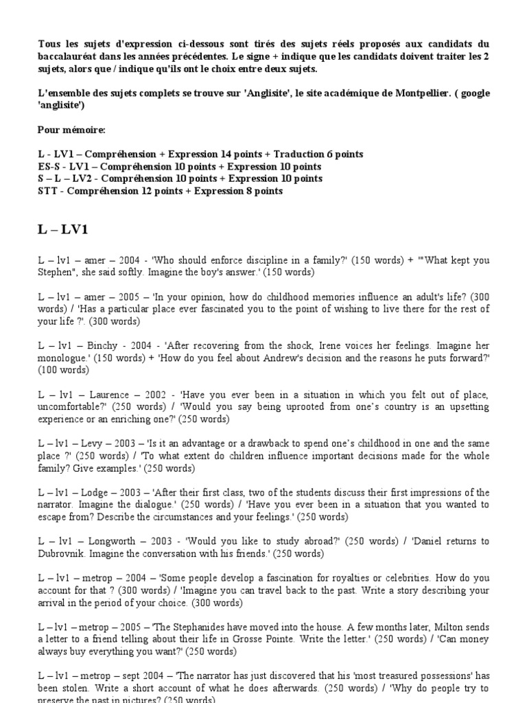 Baccalaureate Exam Past Paper Topics for English Expression and ...