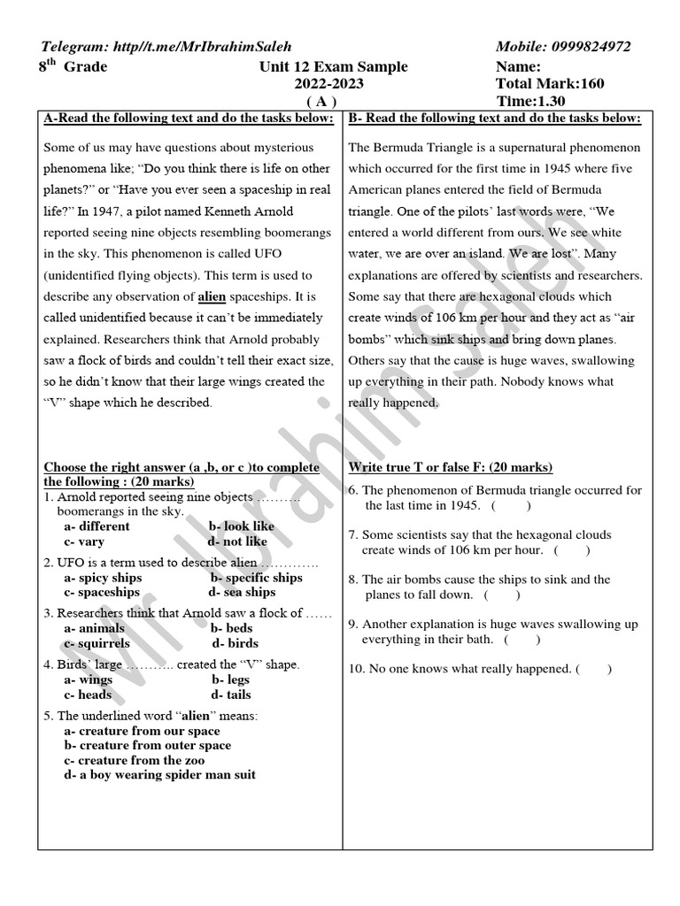 8th Grade Unit 12 Exam Sample Pdf Unidentified Flying Object