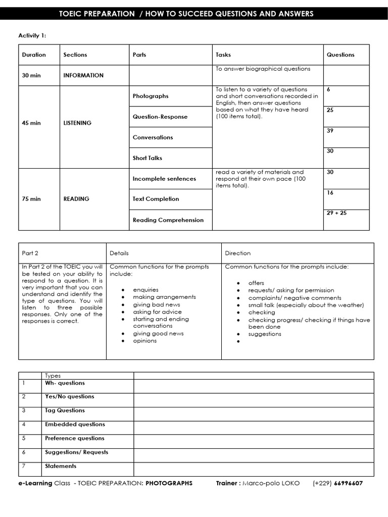 TOEIC Preparation: Question Types Guide | PDF | Question
