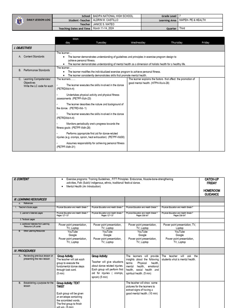 MAPEH 7: Quarter 3 Lesson Plan | PDF | Learning | Cognition