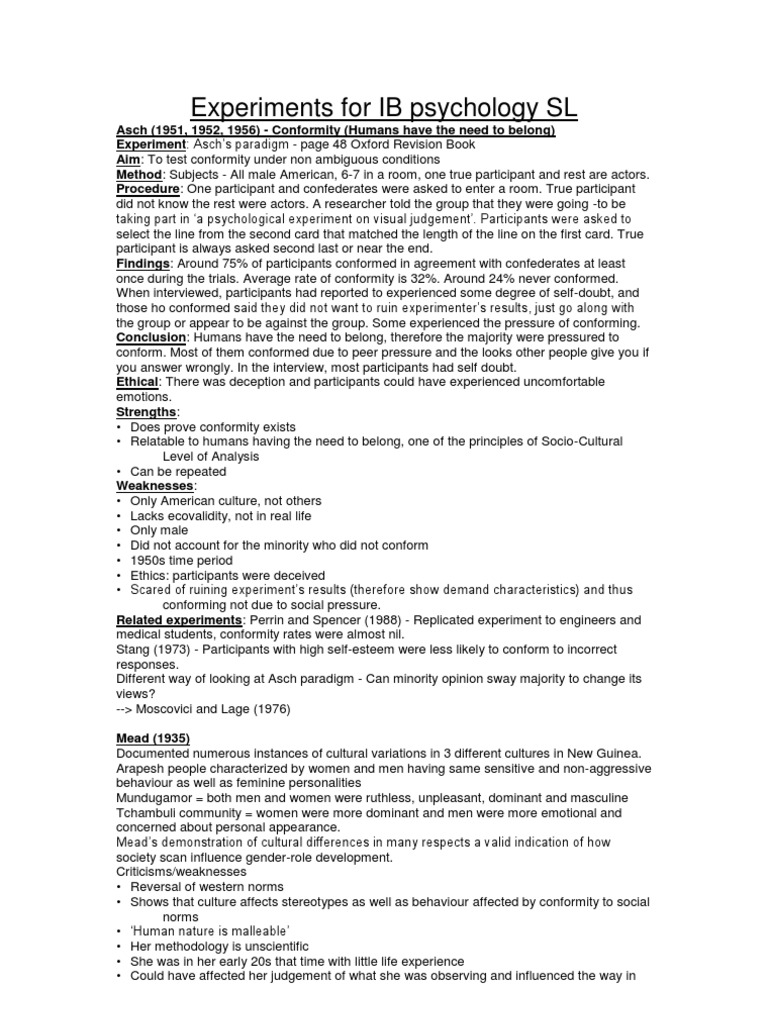 IB Psychology SL Experiment Guide | PDF | Recall (Memory) | Conformity