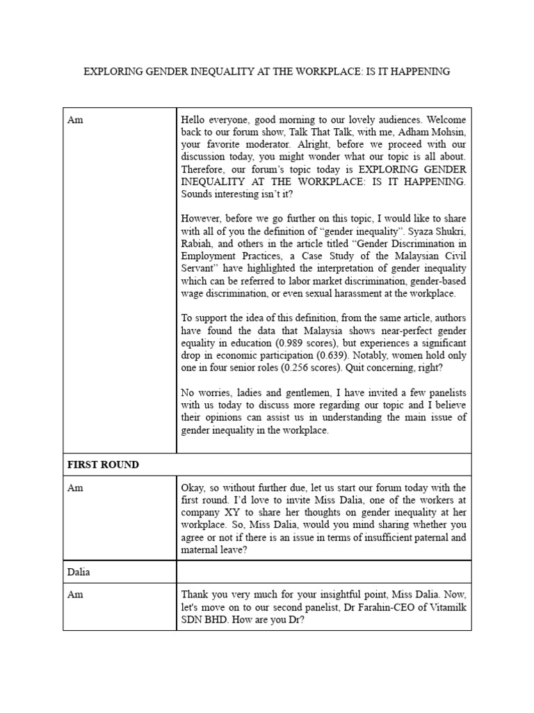 Gender Inequality in the Workplace Discussion | PDF | Gender Studies ...