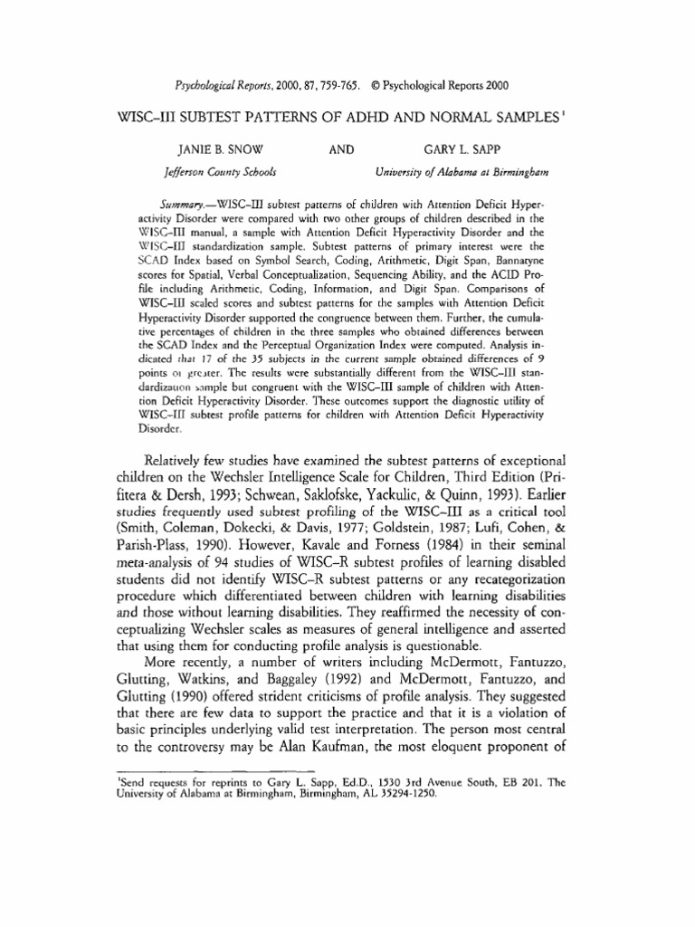 WISC-III Subtest Patterns in ADHD | PDF | Wechsler Adult Intelligence ...