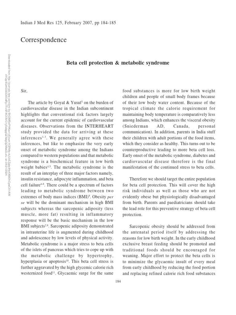 Beta Cell Protection in Metabolic Syndrome | PDF | Metabolic Syndrome ...