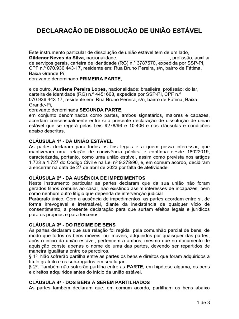 Declaração de Dissolução de União Estável | PDF | União estável | Justiça