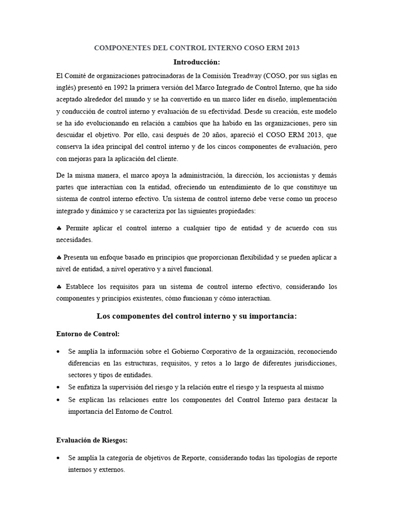 Componentes Del Control Interno COSO ERM 2013 | PDF | Evaluación | Business
