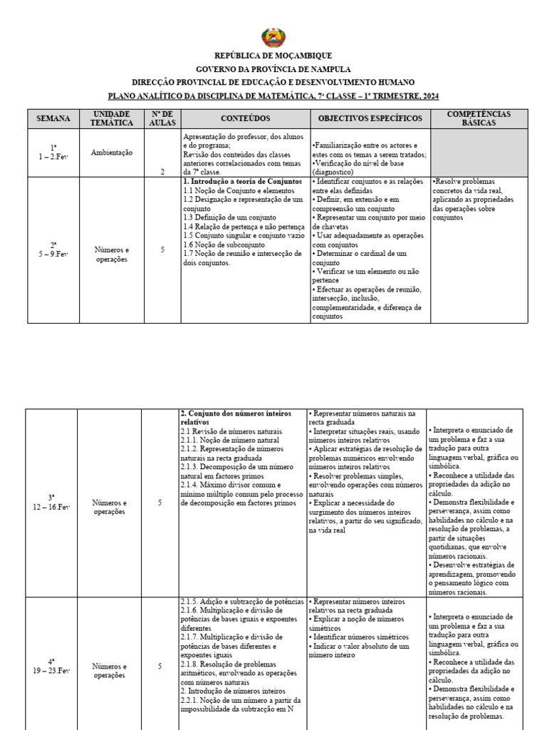 Plano Analitico de Matematica (7 Classe) Download grátis PDF