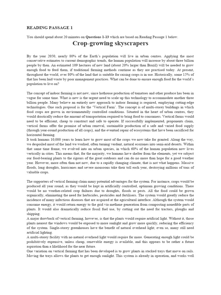 CropGrowing Skyscrapers Reading Passage 1 PDF Agriculture