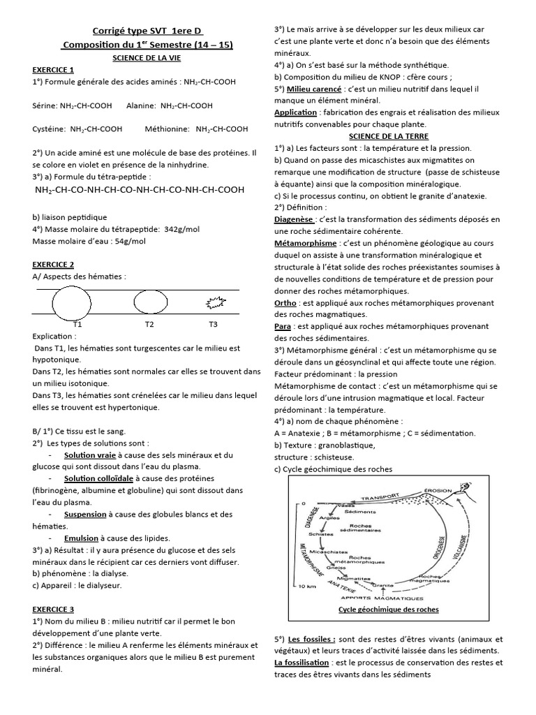 Corrigé SVT 1ère D - Semestre 1 | PDF | Géologie