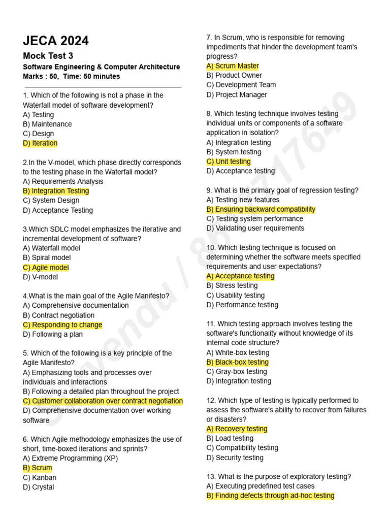 JECA 2024 Mock Test on Software Engineering | PDF | Software Testing ...