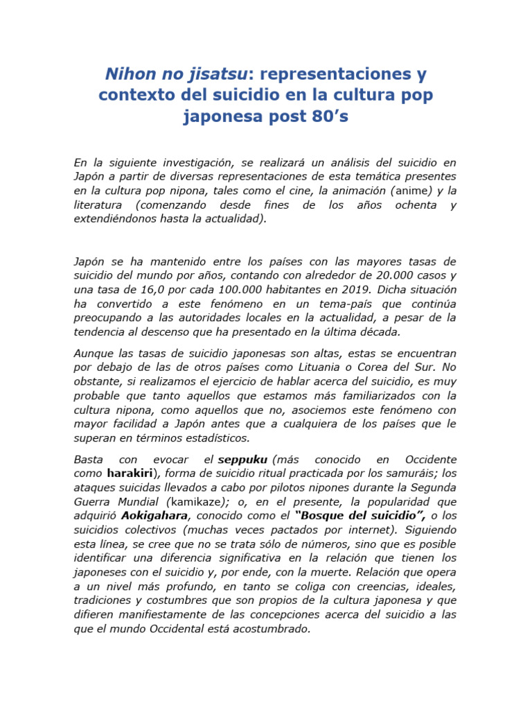Nihon No Jisatsu Representaciones Del Suicidio en La Cultura Pop