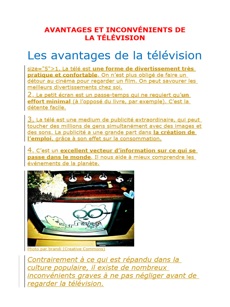 Avantages et inconvénients de la télévision | PDF | Sciences sociales ...