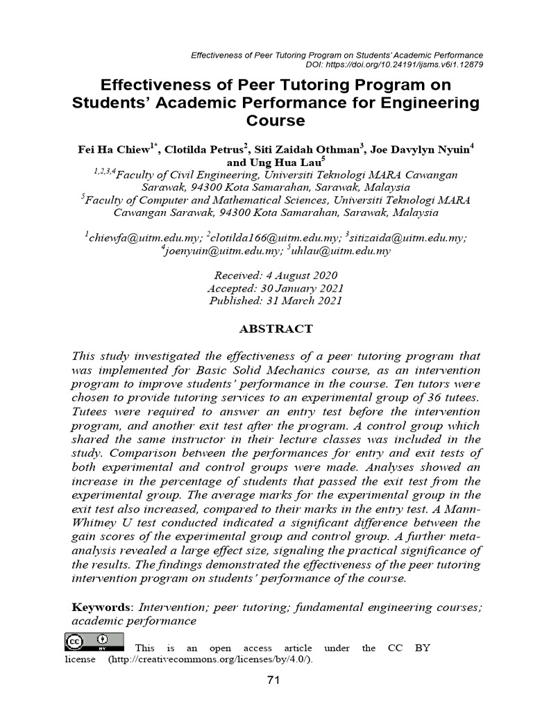 5 M075 Peer Tutoring Final VBH | PDF | Mentorship | Mann–Whitney U Test