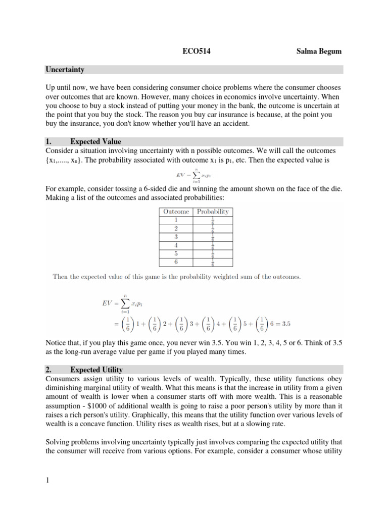 Notes On Uncertainty Pdf Utility Risk Aversion
