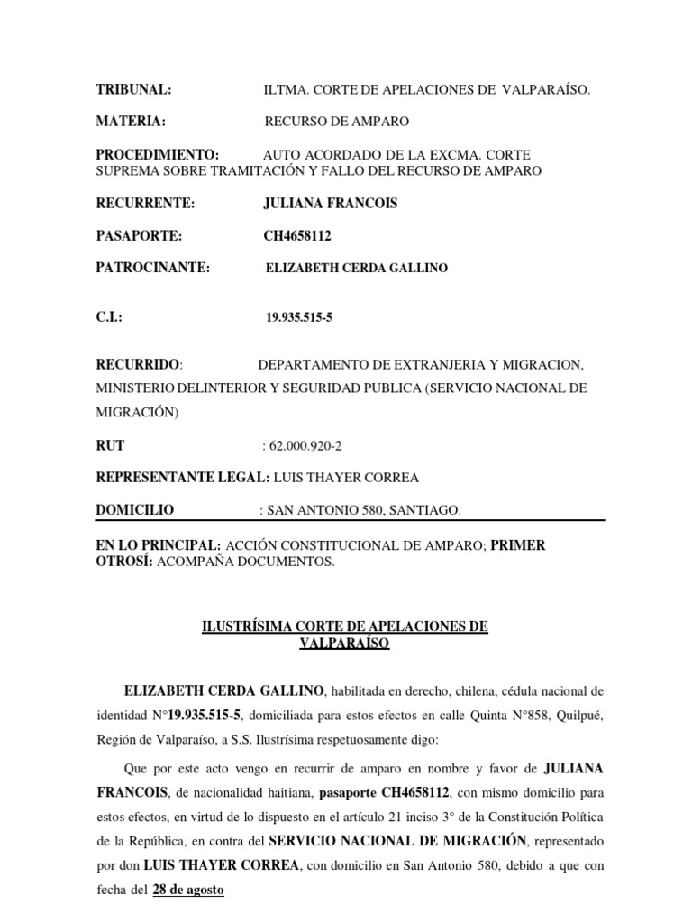 Recurso de Amparo por Expulsión Migratoria | PDF | Debido al proceso ...