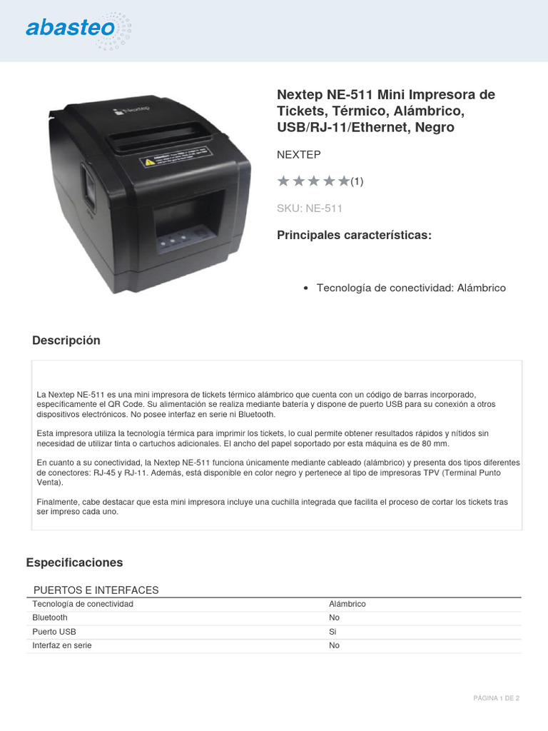 Impresora Térmica Nextep NE-511 Alámbrica | PDF | Impresora ...