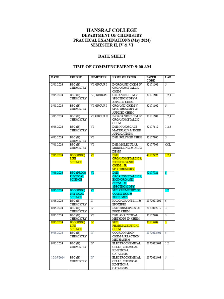Hansraj College Chemistry Exam Dates 2024 | PDF | Chemistry | Chemical ...