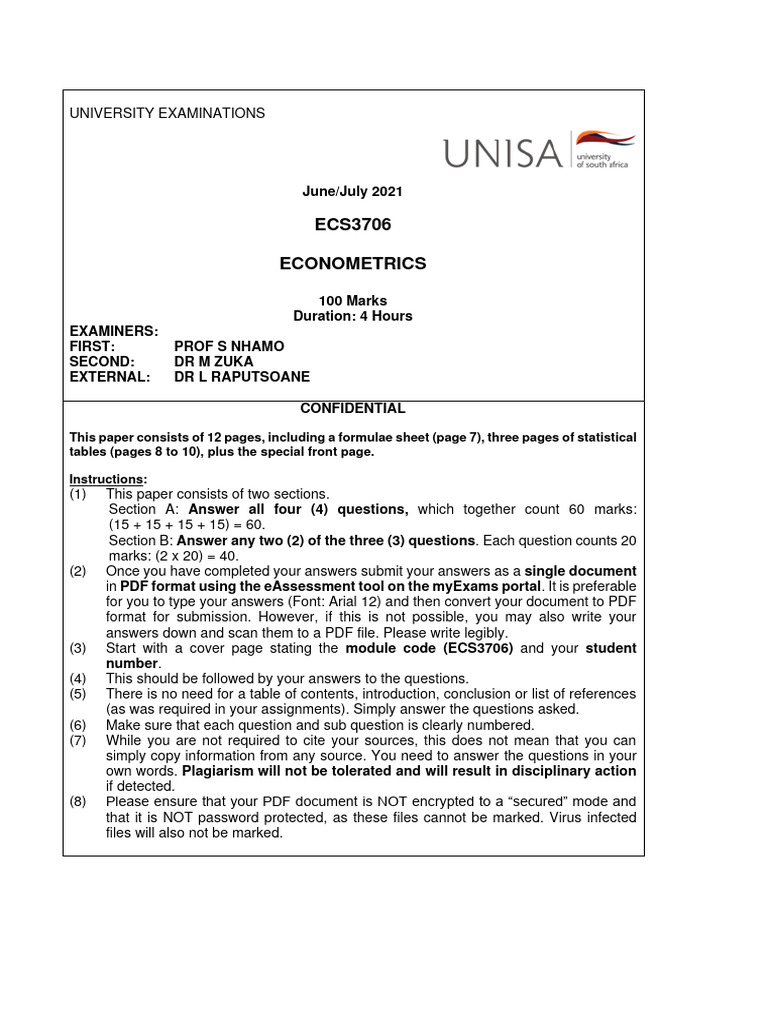 Econometrics Exam Paper ECS3706 2021 | PDF | Errors And Residuals ...