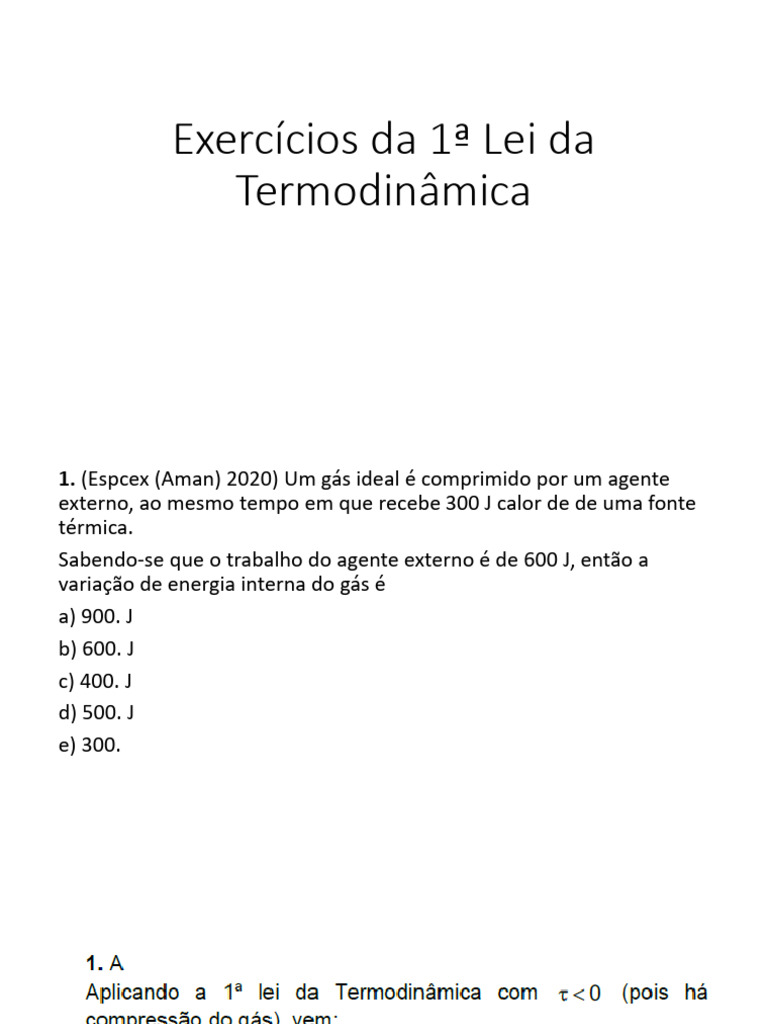 Exercícios sobre a 1ª Lei da Termodinâmica | PDF | Termodinâmica | Gases