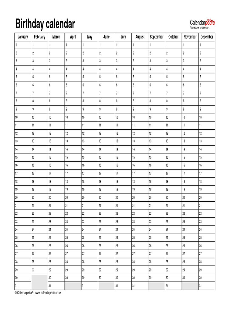Birthday Calendar Landscape 1 Page PDF