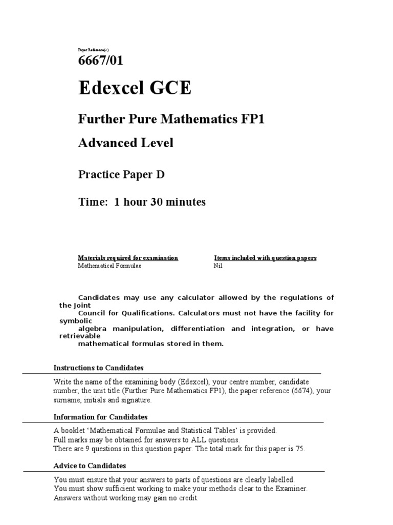 Edexcel FP1 Practice Paper D | PDF | Tangent | Teaching Mathematics