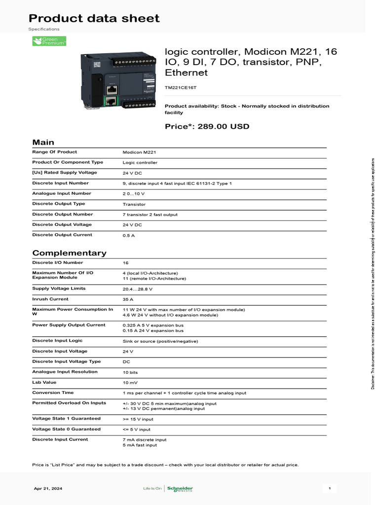 Modicon M221 TM221CE16T Datasheet | PDF | Programmable Logic Controller ...