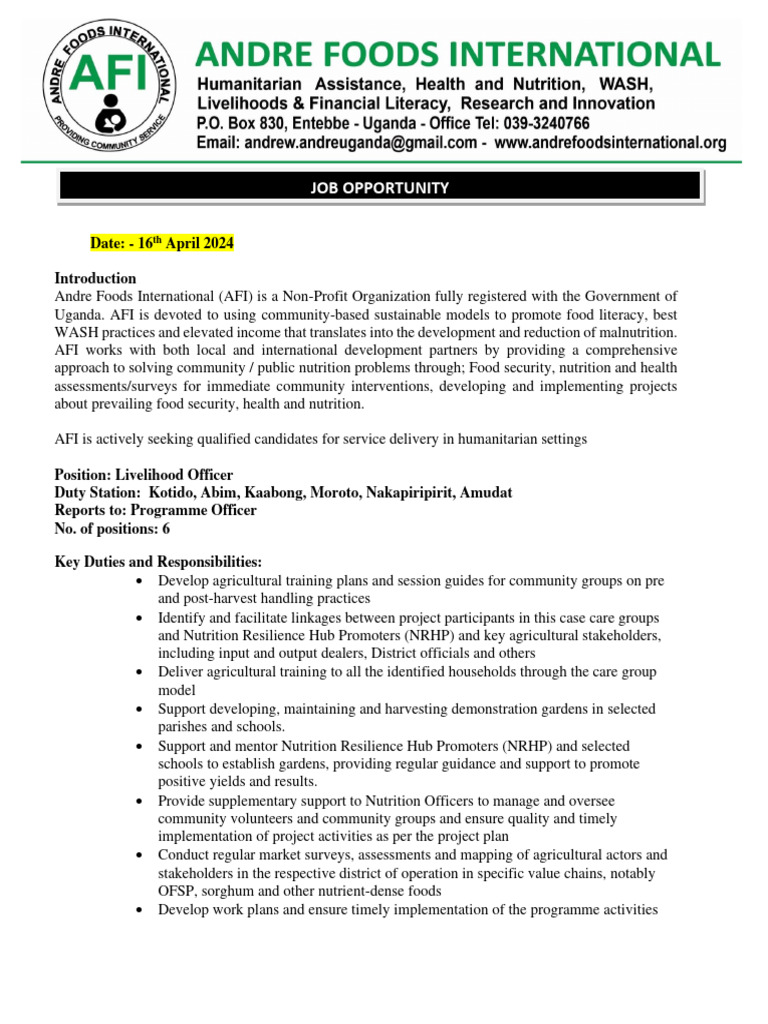 Livelihood Officer Job Opportunity at AFI | PDF | Food Security ...