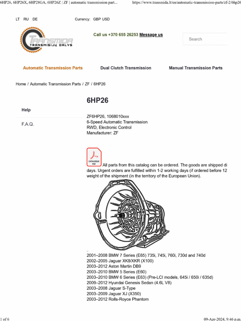 ZF 6HP26 Transmission Parts List and Car Models PDF Sports Car