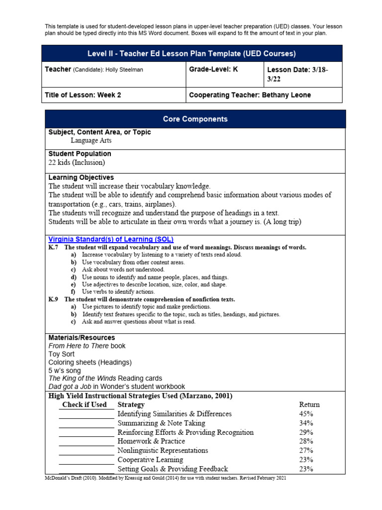 Ued496 Steelmanholly Language Arts | PDF | Lesson Plan | Reading ...