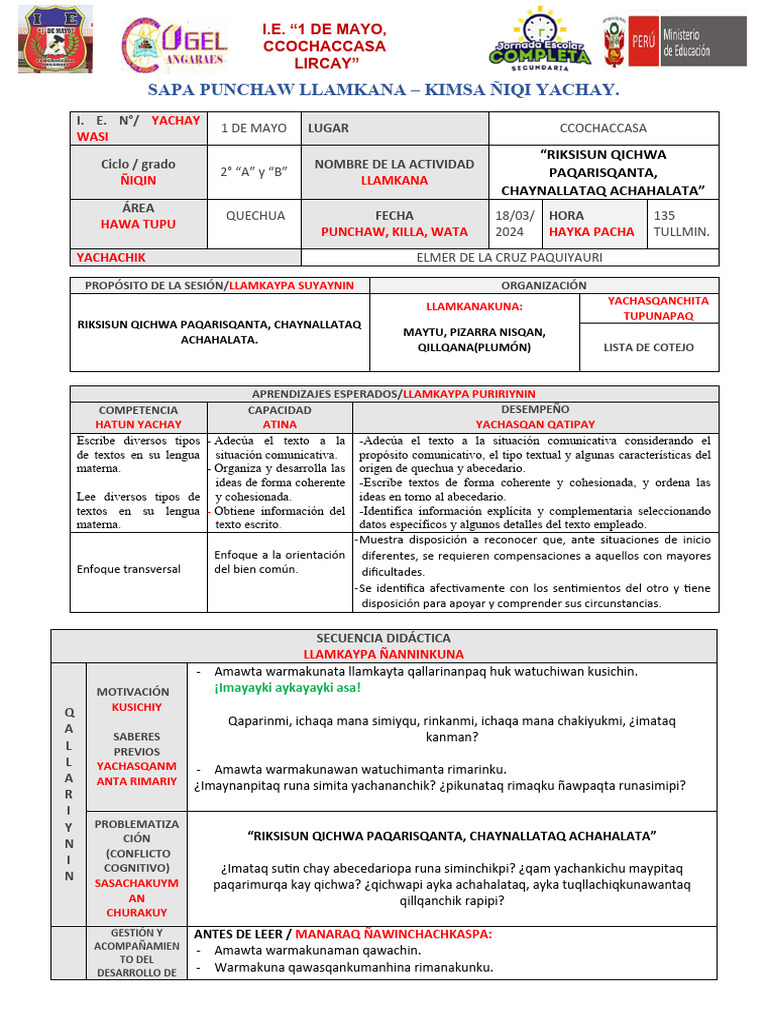 SESION QUECHUA 2do Grado | PDF | Imperio Inca | Andes