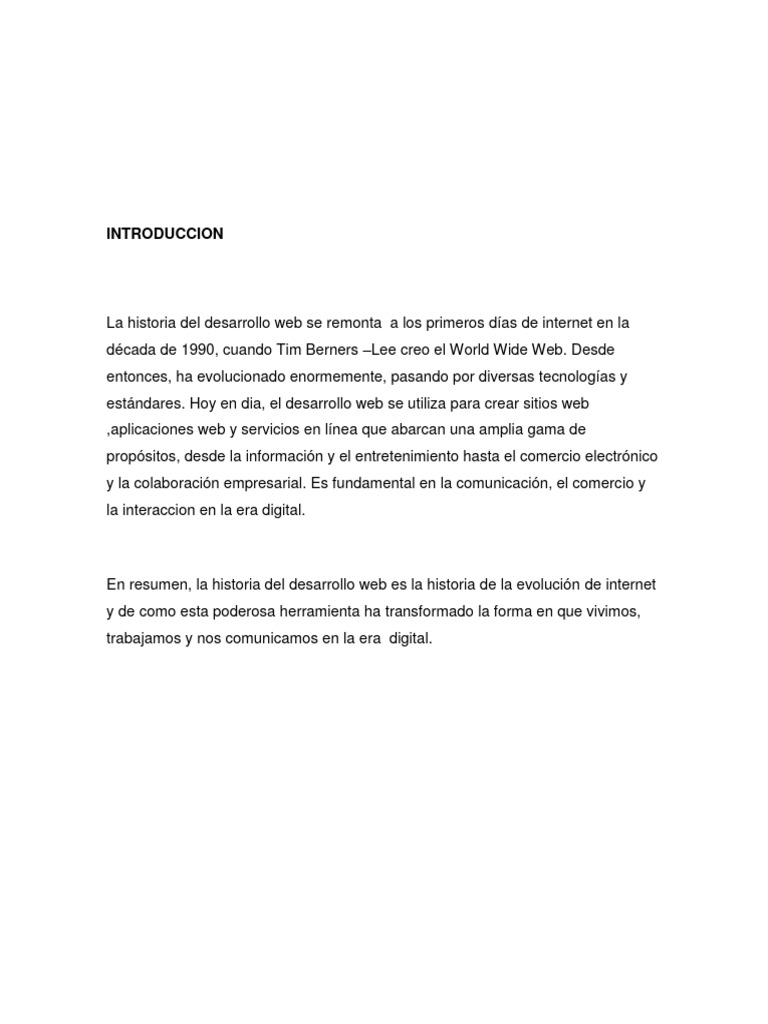 Trabajo escrito historia sobre el desarrollo web y para que se usa