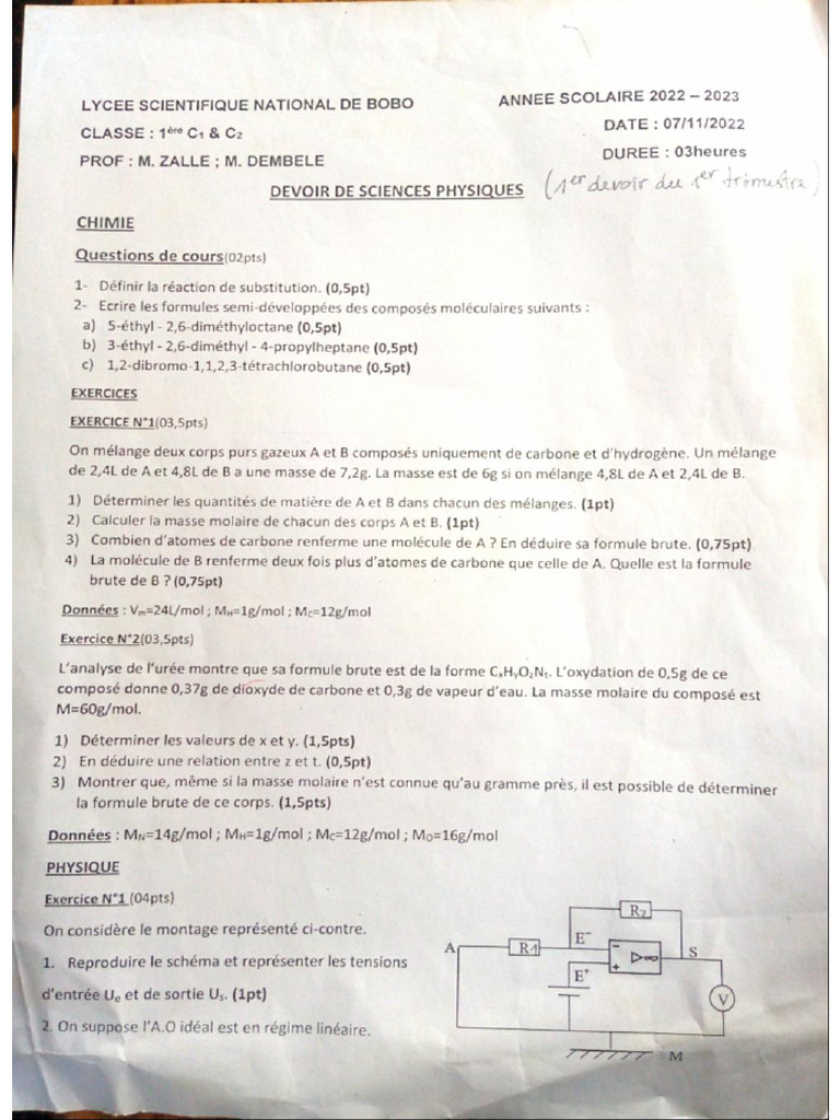 Devoirs de PC - 1ère C - LSNB (2022-2023) | PDF