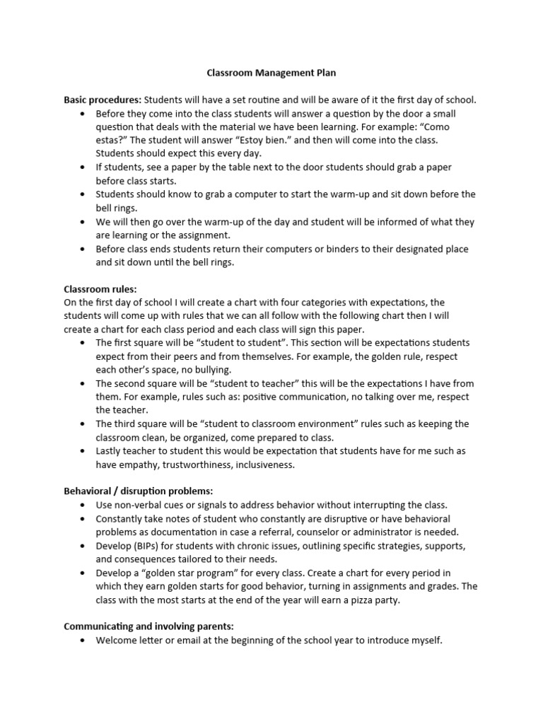 Effective Classroom Management Plan | PDF | Classroom Management ...