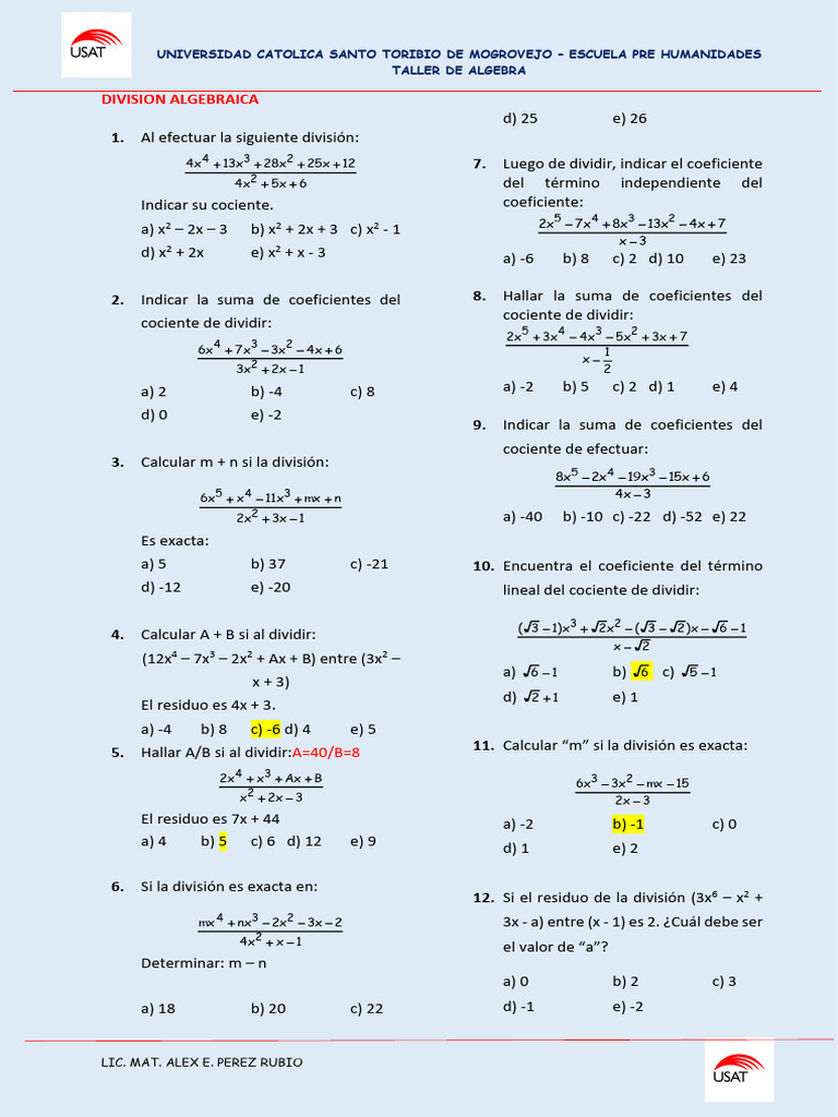 Término lineal en divisiones algebraicas | PDF | Matemáticas | Álgebra ...