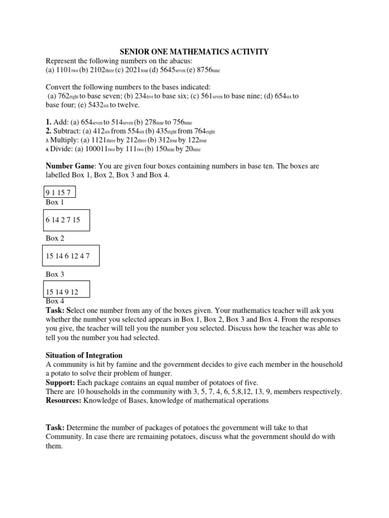 Senior One Math: Base Conversions & Operations | PDF
