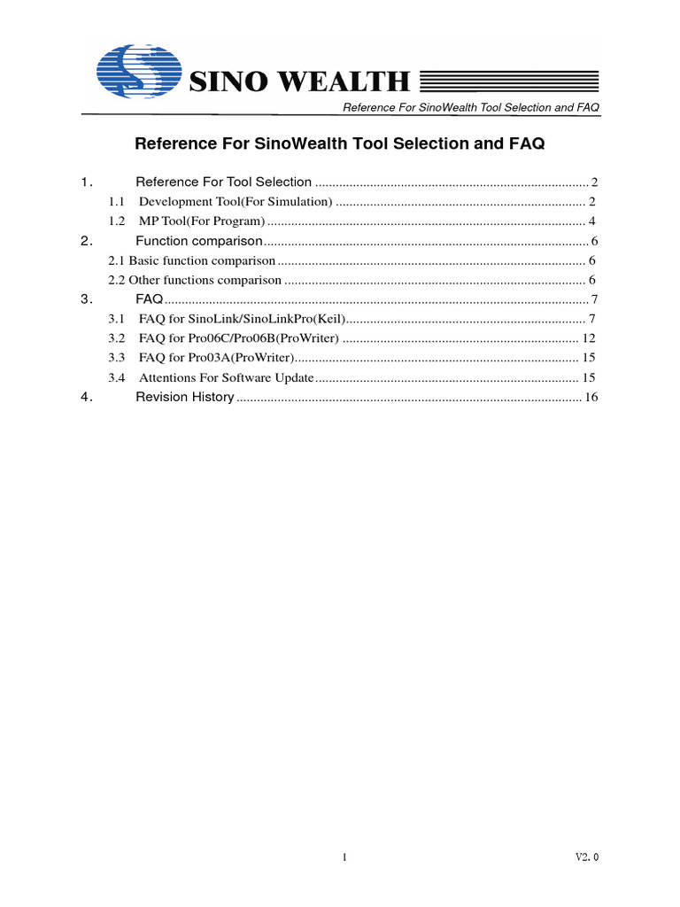 Reference for sinowealth tool selection and faq pdf microcontroller