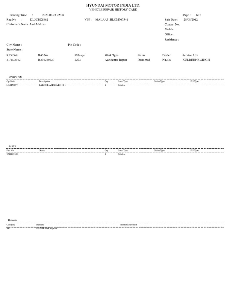 Hyundai Vehicle Repair History Card | PDF | Automotive Technologies ...