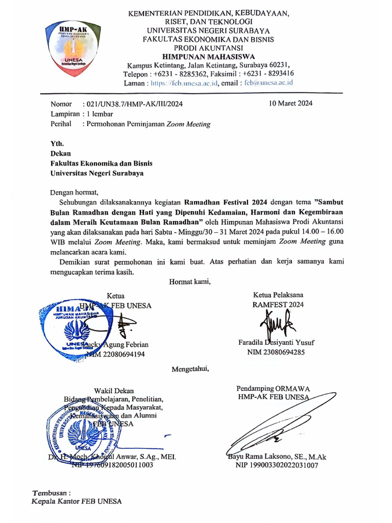 Surat Permohonan Peminjaman Zoom Ramadhan Festival 2024 | PDF